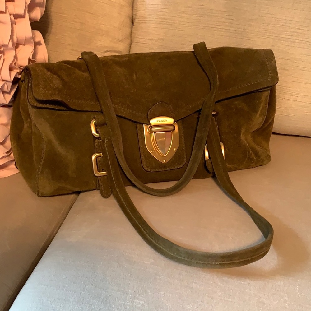 Authentic Prada Green Suede Soho Satchel handbag